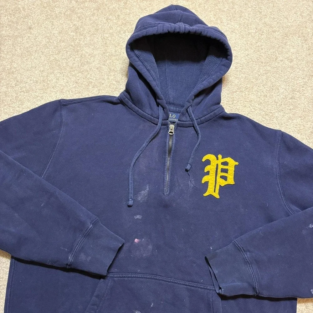 Polo Ralph Lauren Hoodie Sweatshirt Mens Medium Blue Varsity‎ P Logo 1/4 Zip